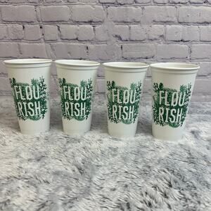 Set of 4 Starbucks Flourish White Green Plastic 16oz Reusable Coffee Cups